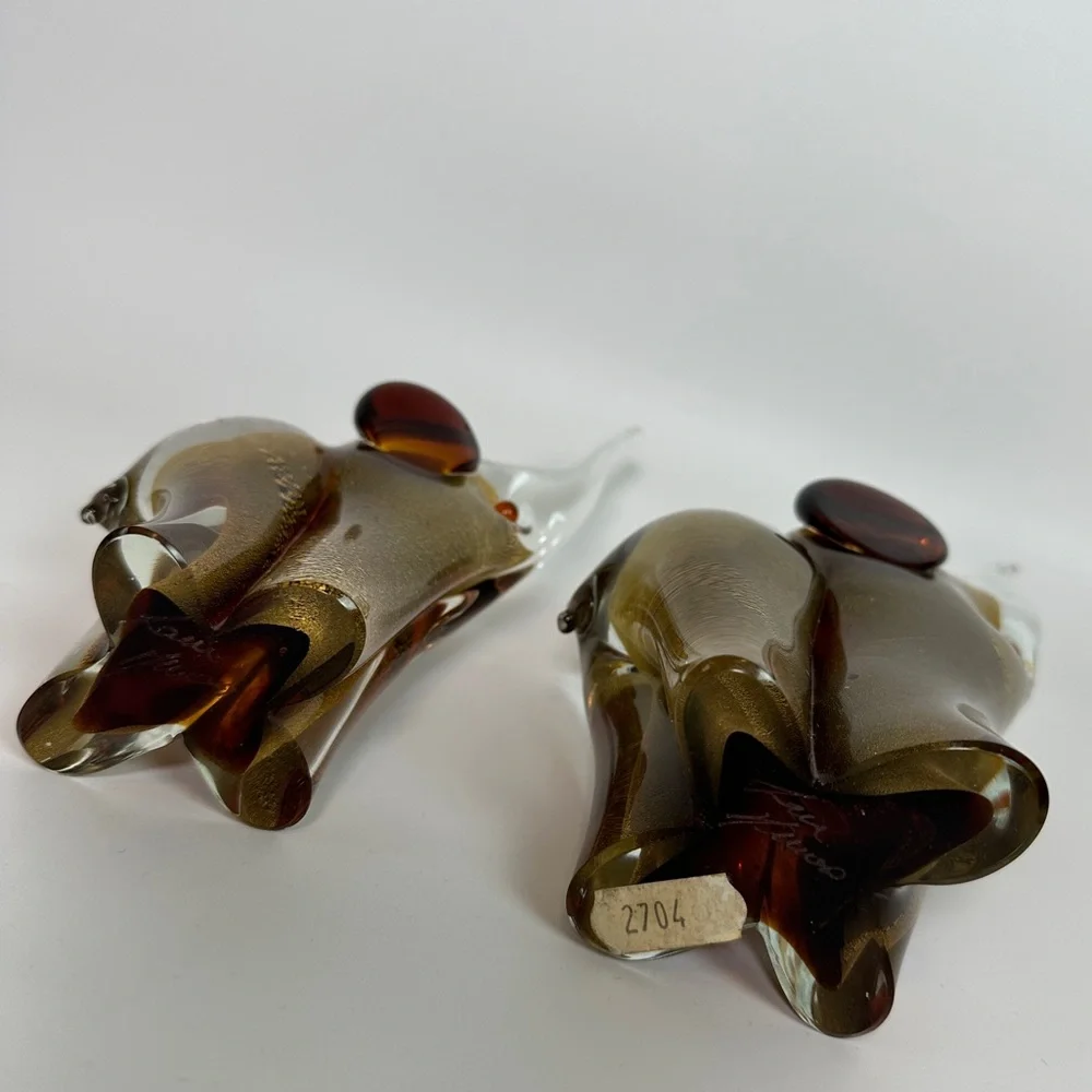 SIGNED Pair‎ of Vittorino Zane Murano Glass Elephants Gold Flecks Mama & Baby